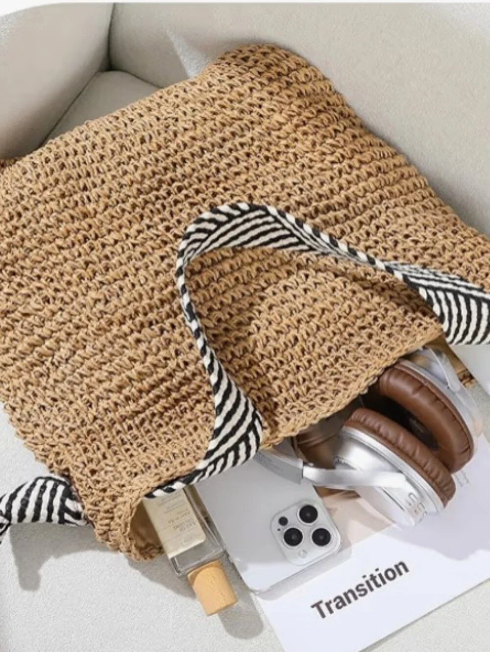New Boho Handwoven Straw Large Tote  Shoulder Bag With Chevron Geometric Strap
